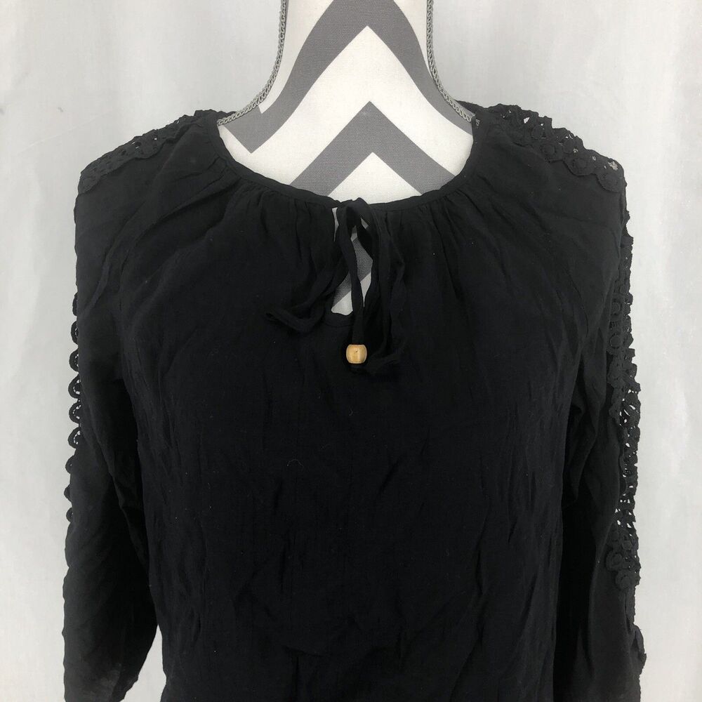 NY Collection Black Crochet Lace 3/4 Sleeve Peasant Blouse MRJU0037 Small